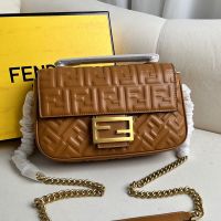 Fendi Baguette Chain Midi Bag In FF Motif Nappa Leather Brown