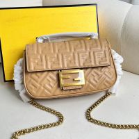 Fendi Baguette Chain Midi Bag In FF Motif Nappa Leather Camel