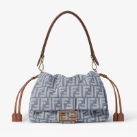 Fendi Medium Mamma Baguette Bag In FF Jacquard Denim Blue/Brown