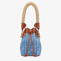 Fendi Mini Mon Tresor Bucket Bag with Straw Handle In FF Motif Denim Blue