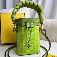 Fendi Mini Mon Tresor Bucket Bag with Woven Handle In FF Motif Canvas Green