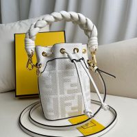 Fendi Mini Mon Tresor Bucket Bag with Woven Handle In FF Motif Canvas White