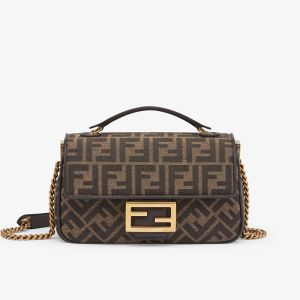 Fendi Baguette Chain Midi Bag In FF Jacquard Fabric Brown