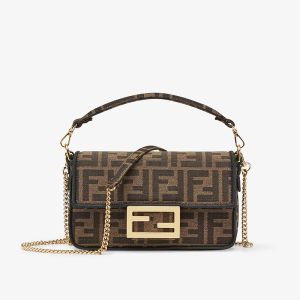 Fendi Mini Baguette Bag In FF Jacquard Fabric Brown