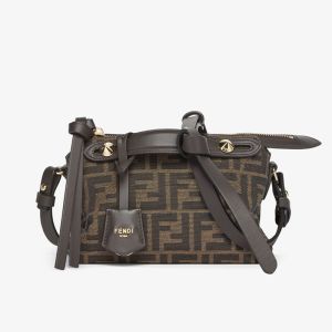Fendi Mini By The Way Soft Boston Bag In FF Jacquard Fabric Brown