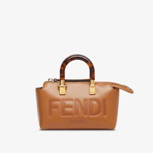 Fendi Mini By The Way Boston Bag In FENDI ROMA Embossed Calfskin Brown