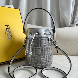 Fendi Mini Mon Tresor Bucket Bag In Crystals and FF Covered Calfskin Silver