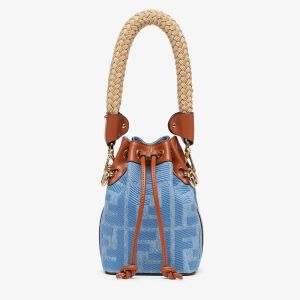 Fendi Mini Mon Tresor Bucket Bag with Straw Handle In FF Motif Denim Blue