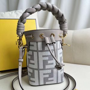 Fendi Mini Mon Tresor Bucket Bag with Woven Handle In FF Motif Canvas Grey