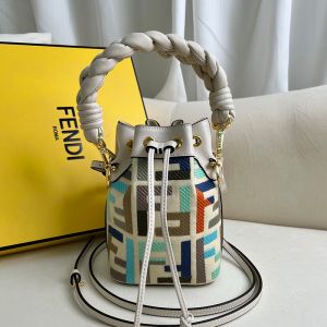 Fendi Mini Mon Tresor Bucket Bag with Woven Handle In Multicolor FF Motif Canvas Beige