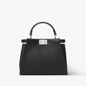 Fendi Mini Peekaboo Iconic Selleria Bag In Cuoio Romano Leather with Topstitches Black