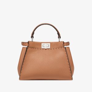 Fendi Mini Peekaboo Iconic Selleria Bag In Cuoio Romano Leather with Topstitches Brown